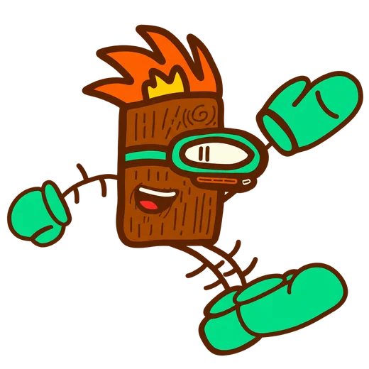 Sprucey, our smiling log mascot with flame hair and green gloves, waving hello