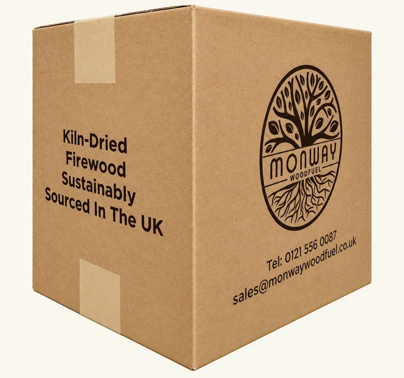 Closed cardboard box with Monway Woodfuel branding