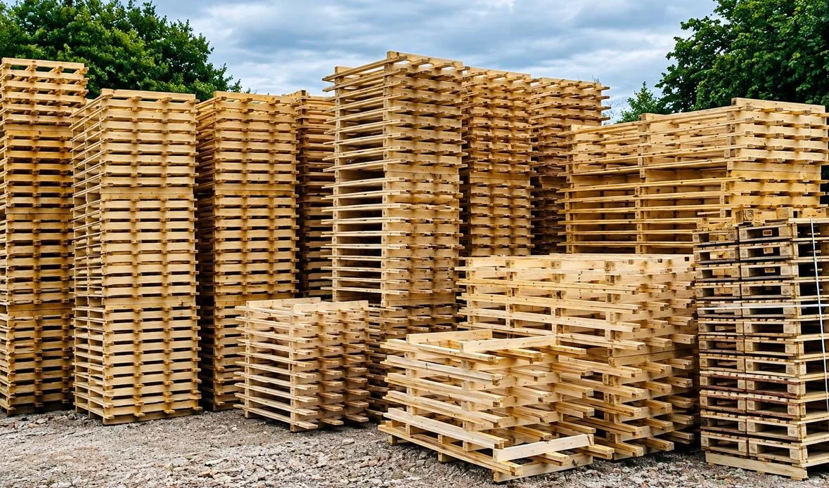 Stacks of wooden pallets in the Monway yard